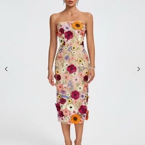 Maraya Strapless Floral Applique Midi Dress